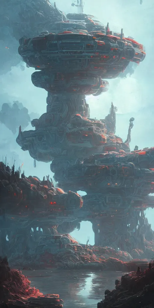 Image similar to Detailed exterior of the enemy moon base, red rising planet, stunning atmosphere, in Style of Peter Mohrbacher, cinematic lighting