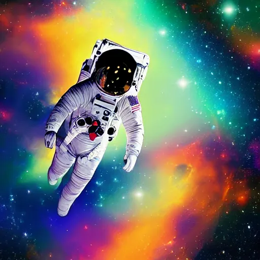 Image similar to An astronaut floating alone in space with a colorful complex galaxy in the background, digital art