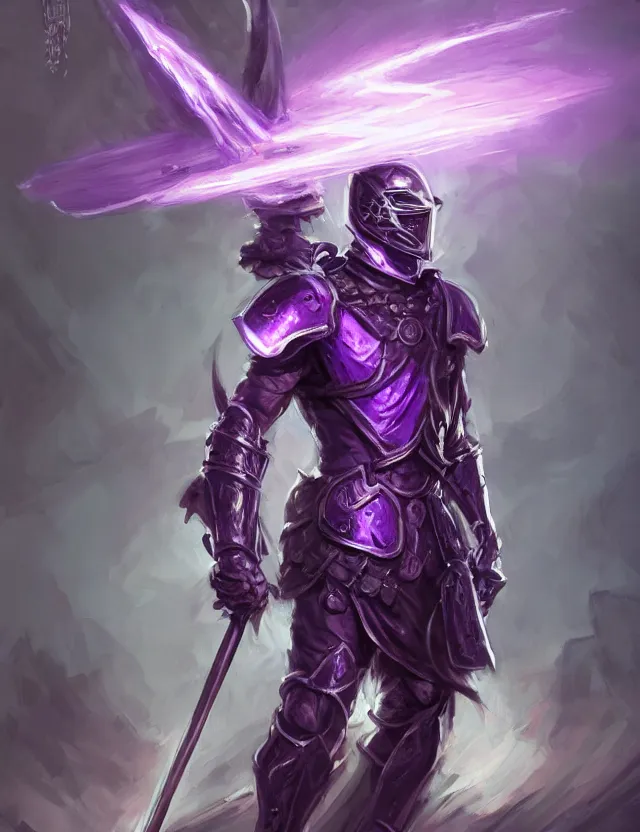 Image similar to a masked warrior in purple armour glowing violet, wielding a large purple sword that flashes with lightning, by frank fazetta and peter mohrbacher, trending on artstation, digital art, 4 k resolution, detailed, high quality, hq artwork, coherent, insane detail, concept art, character concept, character full body portrait