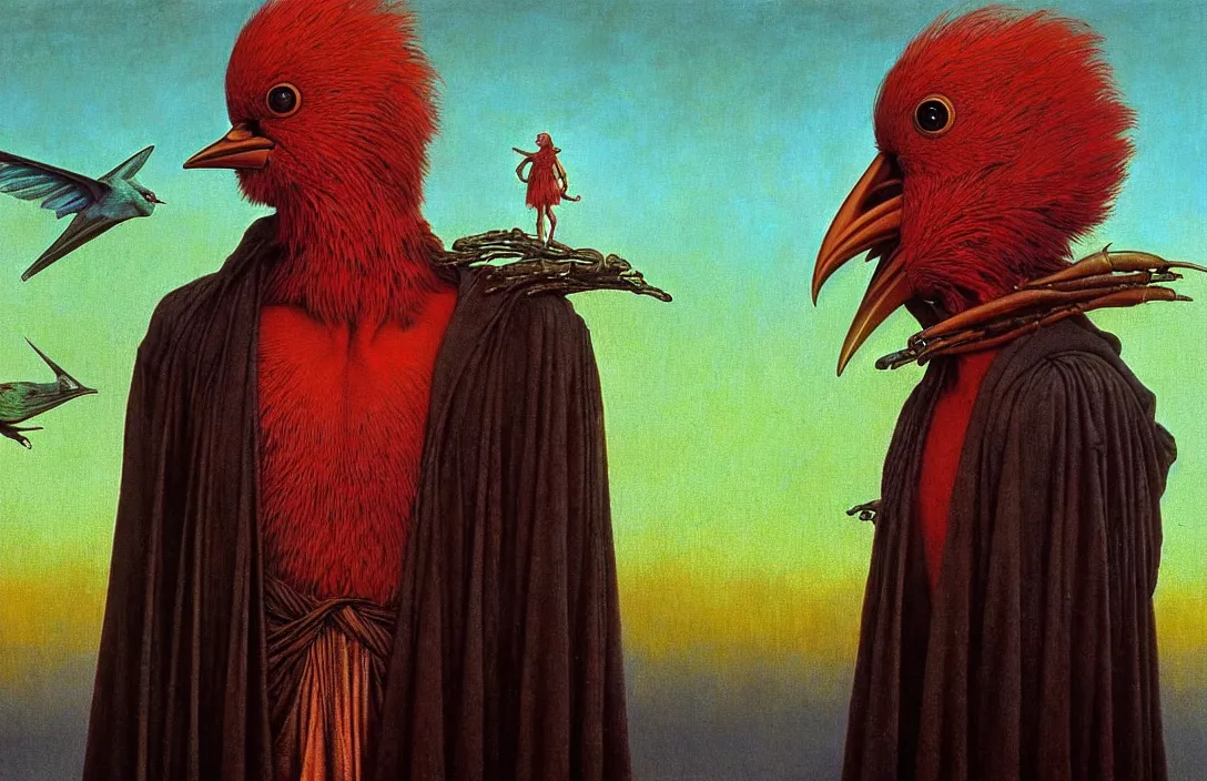 Image similar to realistic detailed portrait movie shot of a birdman wearing dark ragged robes, sci fi city sunset landscape background by denis villeneuve, amano, yves tanguy, alphonse mucha, ernst haeckel, max ernst, roger dean, masterpiece, rich moody colours, bird head, blue eyes