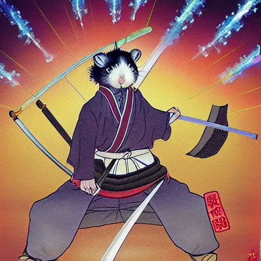 Image similar to japanese hamster samurai. with long sword. anime art. painting. rain of meteors on background