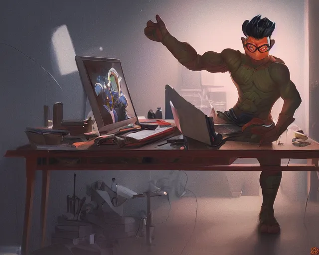 Prompt: an insanely detailed painting of a asian man wearing a superhero costume, sitting at a desk, staring at the nervously at the computer and typing, in the style of peter mohrbacher, dramatic lighting and composition, surreal background, octane render, pixar, trending on artstation, concept art, comic book, view from behind