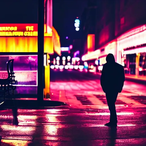 Prompt: silhouette of man smoking cigarette on busy city street, nighttime, neon colors, beautiful close-up photography, 8K