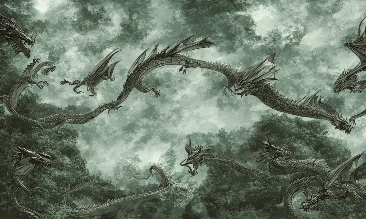 Image similar to dragons, forested hills and interconnected high speed rails, digital art, 3 d, illustration, transparent backround