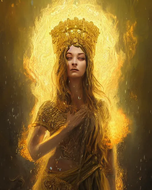 Prompt: a highly detailed portrait of beautiful female pyromancer radiating a majestic fiery aura, ornate royal robes, head and shoulders portrait, intricate, digital painting, old english, raining, sepia, particles floating, whimsical background by marc simonetti, artwork by ramond swanland and liam wong