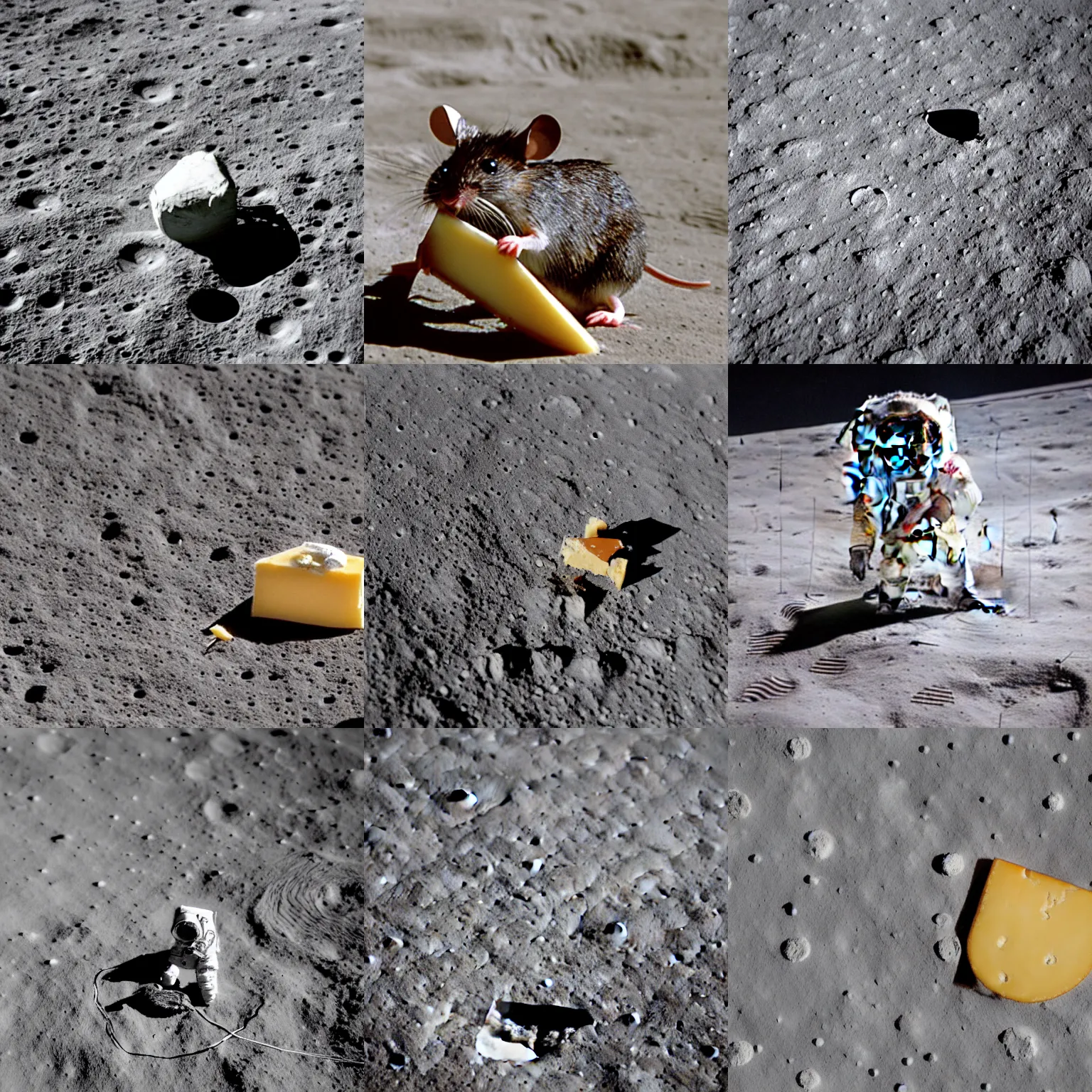 Prompt: Mouse eating cheese on the lunar surface