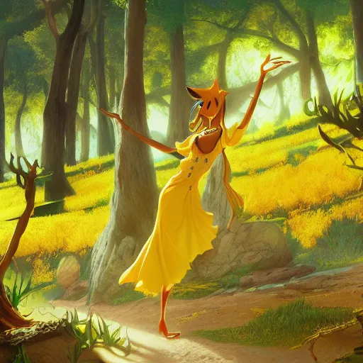 Prompt: concept art painting of an anthropomorphic salvador dali wearing yellow dress, in the deep forest, realistic, detailed, cel shaded, in the style of makoto shinkai and greg rutkowski and james gurney