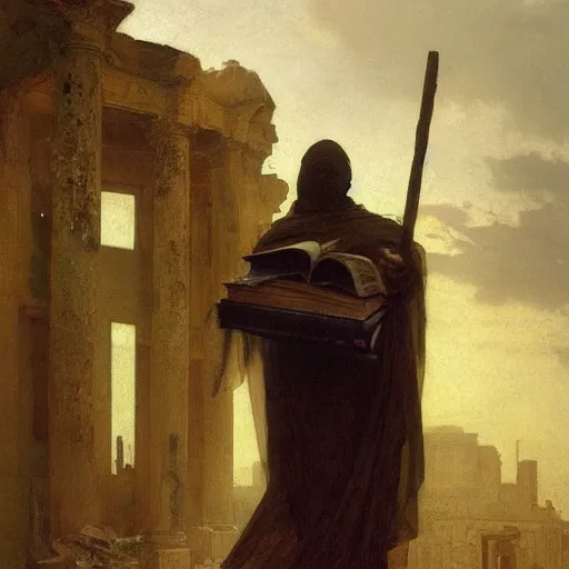 Prompt: half portait of magican wearing a closed cowl and carrying big old book! chained to the wrist, jeremy mann, jean leon gerome, tiepolo, alphonse mucha, greg rutkowski, face in the shadows, ( ( ruins of ancient rome ) ), at dusk, mysterious atmosphere, sunrays, dof, high detailed, 8 k