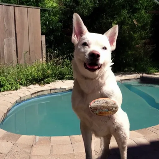 Prompt: an extremely filthy dirty pool, and a cute dog head.