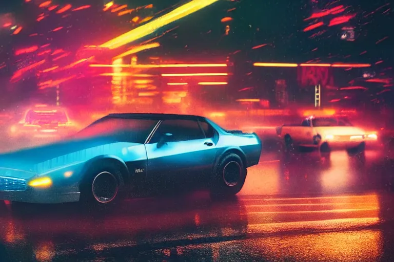 Image similar to a single trans am, speeding down tokyo highway in the rain, night time, neon lights, thunderstorm, movie still from the movie bladerunner 2 0 4 9