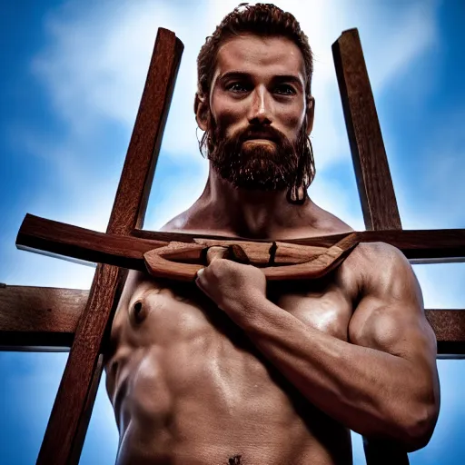 Image similar to bodybuilder jesus christ carrying the cross, high detail, rtx hdr style lube reflection, studio photo,