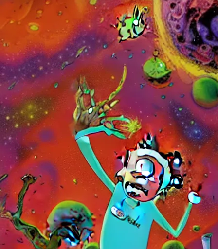 Image similar to Cosmic mess by Alex Pardee and Nekro and Petros Afshar, James McDermott (rick and Morty style) unstirred paint, vivid color, cgsociety 4K