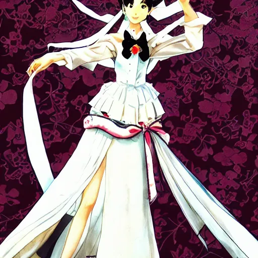 Prompt: yukiko amagi in wedding dress facing viewer by shigenori soejima and shigenori soejima and shigenori soejima and shigenori soejima. romantic, marriage