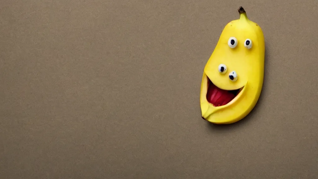 Image similar to a very happy banana with face, vivid