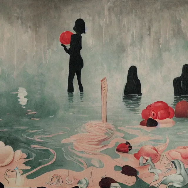 Image similar to tall female emo vegan socialist artist in their flooded apartment, painting of flood waters inside an artist's home, a river flooding indoors, pomegranates, pigs, ikebana, zen, water, octopus, river, rapids, waterfall, black swans, canoe, berries, acrylic on canvas, surrealist, by magritte and monet