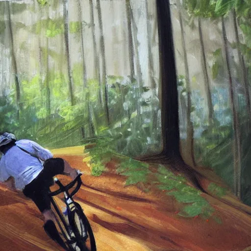 Prompt: man biking up a steep forest hill, sweaty. Oil painting. Emotional. Steep. Trees