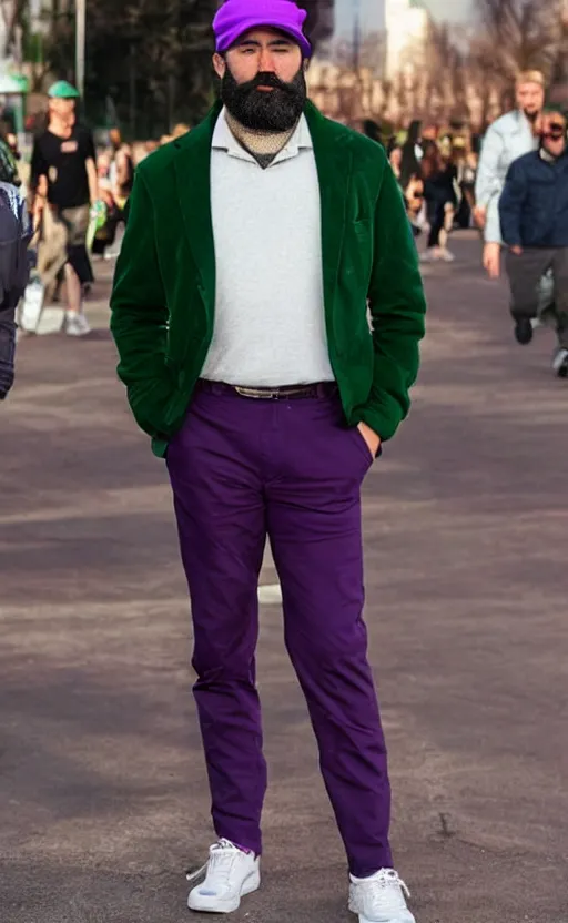 Image similar to a man of caucasian appearance with a chin - style dark brown beard without mustache in a full black hat, green jacket, purple pants and white sneakers in full height, perfect face