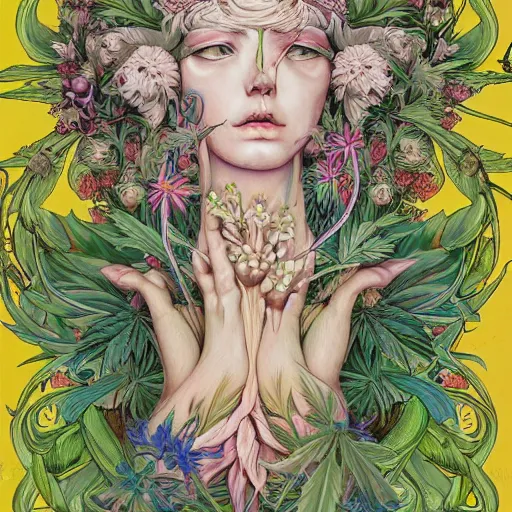 Prompt: goddess of plants by james jean highly detailed painting trending on arstation vivid colors cannabis