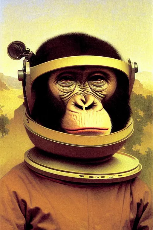 Prompt: portrait of one ape in astronaut helmet, by bouguereau