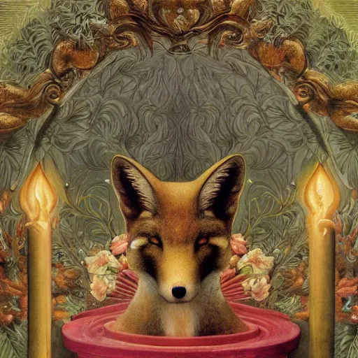 Image similar to hyperrealistic detailed candle fox in baroque painting, lights, art by ernst haeckel, john william godward, hammershøi, alphons mucha, pontormo, ornamental, decorative, art nouveau wallpaper, lights by hopper, pastel deep colours,