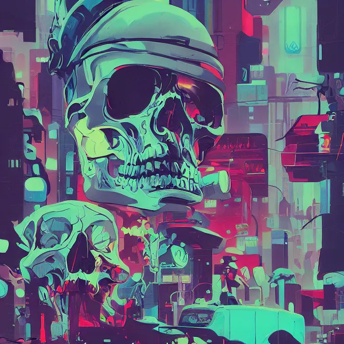 Image similar to a colorful comic noir illustration painting of a cyberpunk skull by sachin teng and sergey kolesov and sam yang and simon stalenhag. in style of graffiti art. hyper detailed, sharp focus, soft light. octane render. ray tracing. trending on artstation