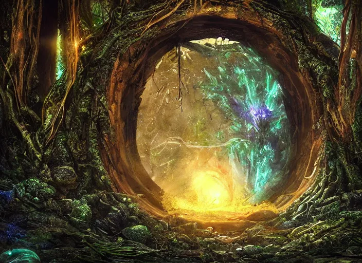 Image similar to portal inside of a humongous tree on a luminescent crystalline alien biome, spooky, intricate details, fantasy, hyper realism, art, smooth, beautiful art, masterpiece, landscape, cinematic, wet reflections, ray tracing x, rtx, smooth