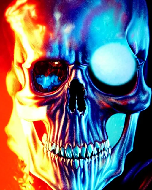 Image similar to blue fiery eyes spawn - terminator skull - ghost rider - hybrid, supervillains, intricate artwork, concept art, eyes octane render, deviant art, cinematic, key art, hyperrealism, iridescent accents, portrait photograph, in hell, nikon 3 5 mm, ridley scott, frank miller, moebius, dan mumford, jim lee