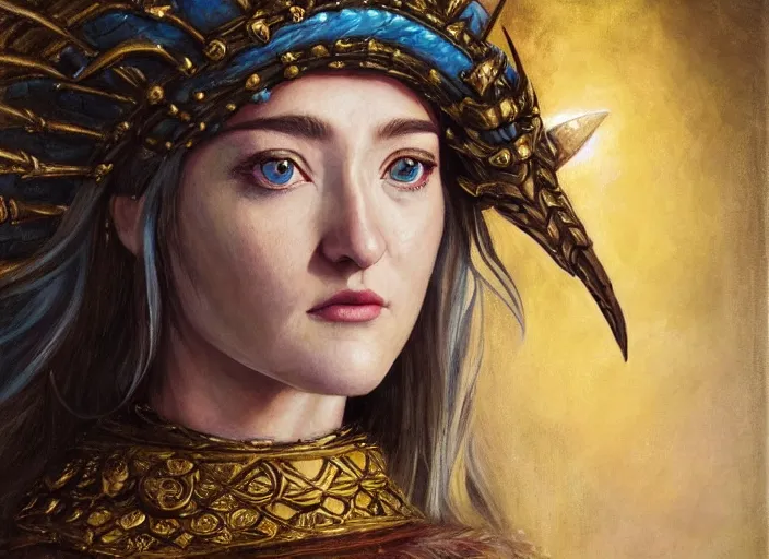 Prompt: Beautiful oil painting of Ashley Johnson as Pike Trickfoot in a medieval town by Titian and Chie Yoshii, portrait, Vox Machina, Critical Role, blush, symmetrical face, cleric, gold armor, short, intricate, face, blue eyes, white hair, elegant, yellow radiant magic, divine, magical, Sarenrae, Everlight, highly detailed, dramatic lighting, sharp focus, trending on artstation, artstationHD, artstationHQ, unreal engine, 4k, 8k