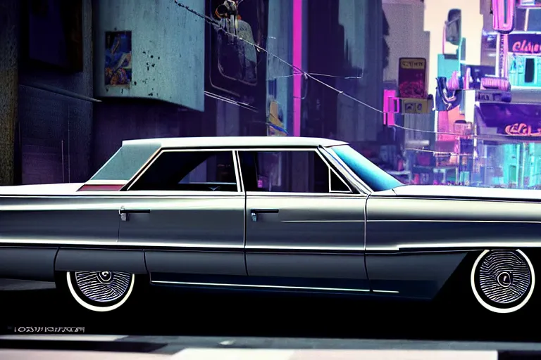 Prompt: closeup low angle photo concept science fiction car 1 9 6 4 cadillac sixteen on a city street, gta 5, hyper detailed, smooth, high contrast, volumetric lighting, octane, jim lee, giorgetto giugiaro, craig mullins, chris bangle, ian callum!, miami synthwave, moebius, vibrant rich deep color, comic book