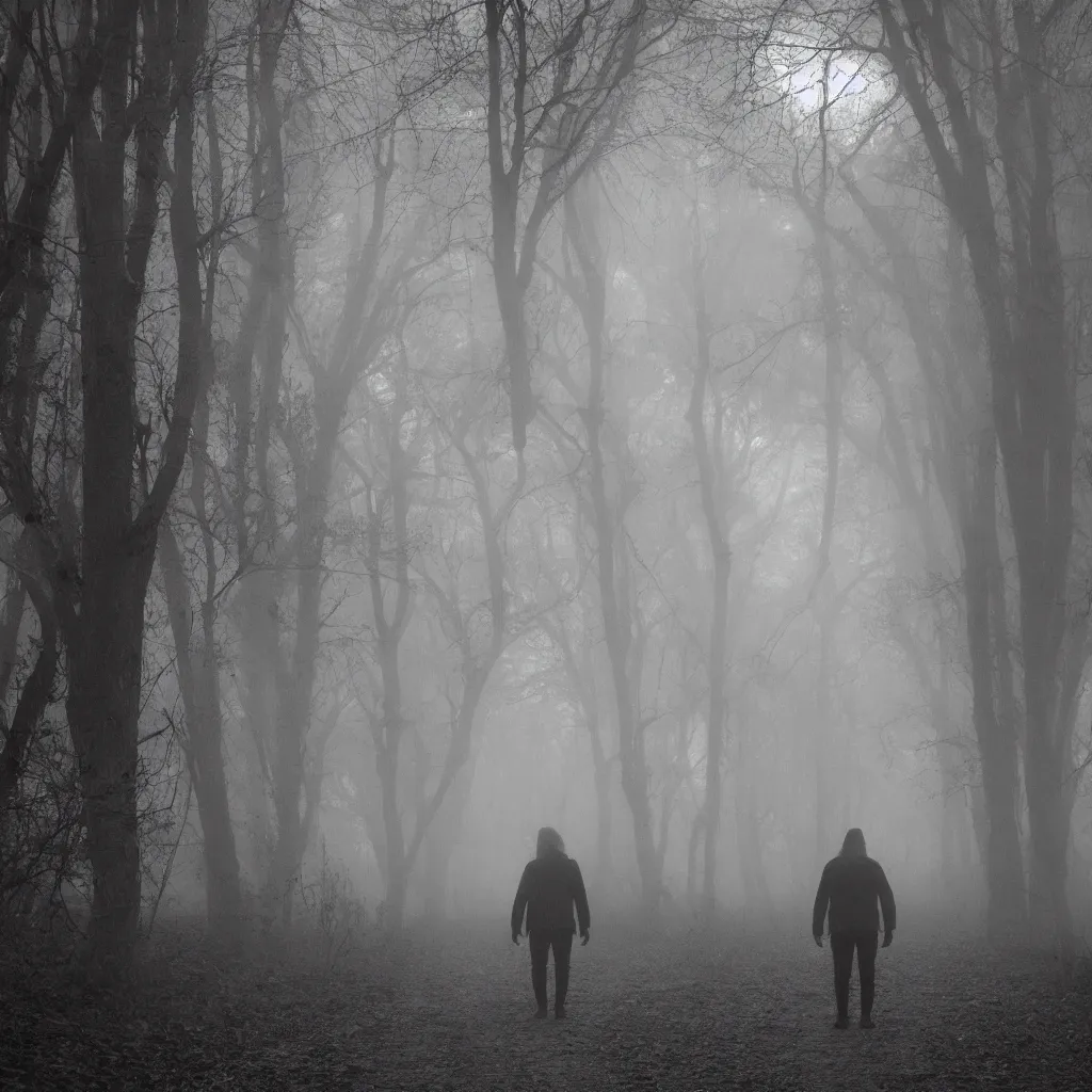 Prompt: path made of skulls, fog, moonlight, scary humanoid standing in the middle