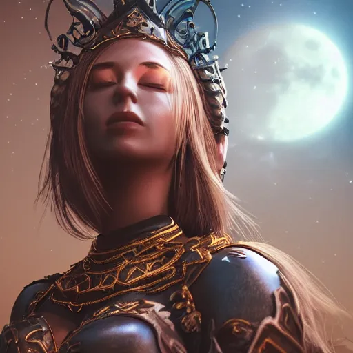 Prompt: portrait of moon sorceress, beautiful, attractive, glowing, jaw dropping, dynamic lighting, dark, menacing, intricate and detailed, 4 k octane render, age 2 0, closed eyes