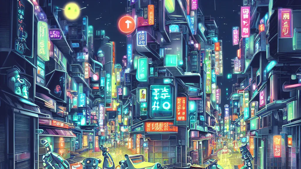 Prompt: street view of futuristic robot tokyo city at night by cyril rolando and naomi okubo and dan mumford and ricardo bofill. robots. robots walking the streets. advertisements for robots. robot shiba inu being walked by robots. robot city. neon advertisements.