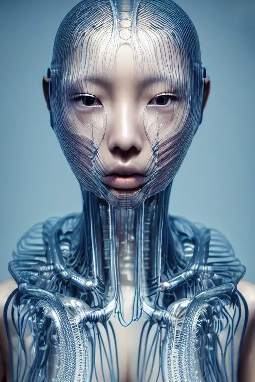 Image similar to young asian woman, iris van herpen, beautiful face, perfect symmetrical body, full body shot, inflateble shapes, wires, tubes, veins, jellyfish, white biomechanical details, wearing epic bionic cyborg implants, masterpiece, intricate, biopunk, vogue, highly detailed, artstation, concept art, cyberpunk, octane render