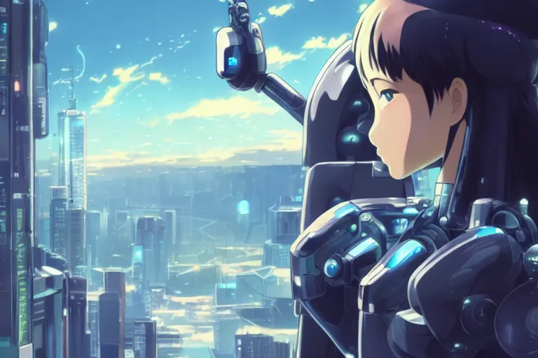 Prompt: makoto shinkai. robotic android girl. futuristic cyberpunk. dystopia. vibrant nebula sky. full robotic andorid body. robotics.