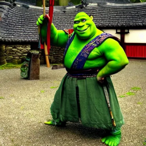 Image similar to Shrek in a samurai outfit