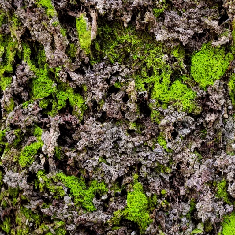 Prompt: a lichens and moss close-up various fungus, mushrooms and plants, Atmospheric phenomenon, artistic photography, muted colors, conceptual, long exposure outside the city