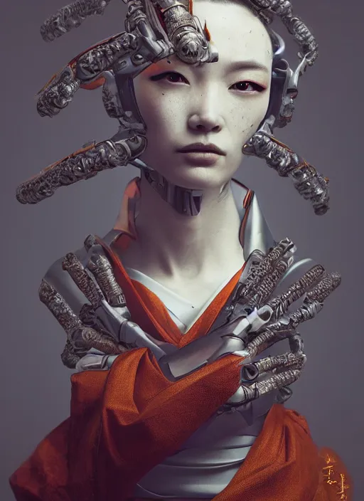 Image similar to portrait of a futuristic geisha cyborg, kintsugi, modern fine art, fractal, intricate, elegant, highly detailed, digital photography, subsurface scattering, by jheronimus bosch and we andersom and greg rutkowski,