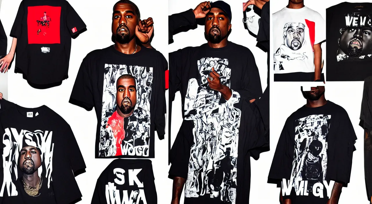 Image similar to A successful collab print on a T-shirt in these days by Kanye West by Virgil Abloh by A-COLD-WALL* by GOLF WANG by STÜSSY by VETEMENTS , trending on markets, sold out piece