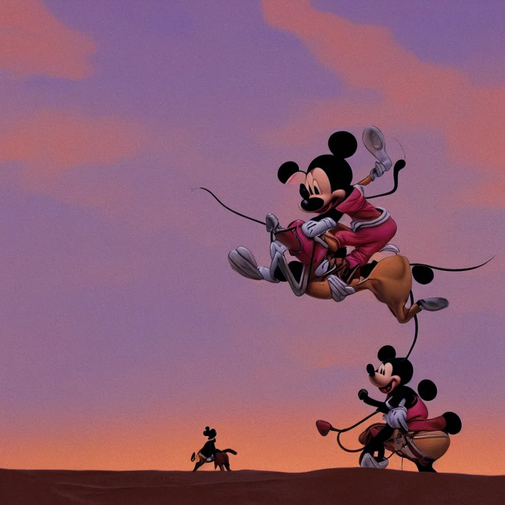 Image similar to Mickey Mouse riding a horse in a desert, pink sky, high definition, by Moebius