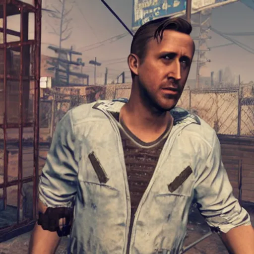 Image similar to ryan gosling in fallout 4 in a slave cage