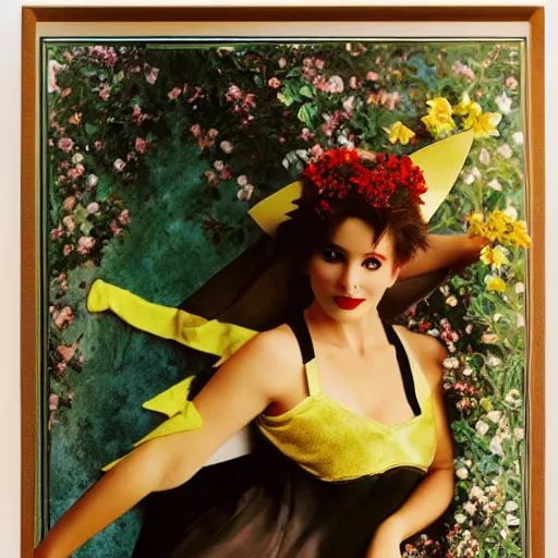 Image similar to elegant woman dressed up as pikachu, art photo by Annie Liebovitz and Alphonse Mucha