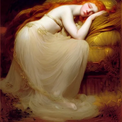 Prompt: blonde beautiful sleeping princess by Franz Xaver Winterhalter and Delphin Enjolras and Rebecca Guay