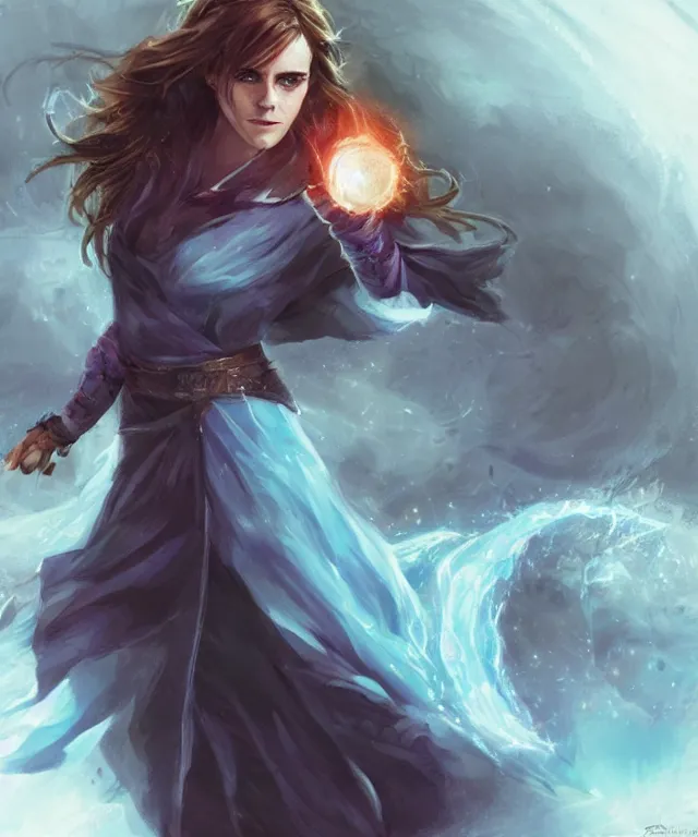 Prompt: illustration of emma watson as a ice magician, glowing eyes, trending on artstation, dynamic pose, Magic the Gathering art, art by Ralph Horsley