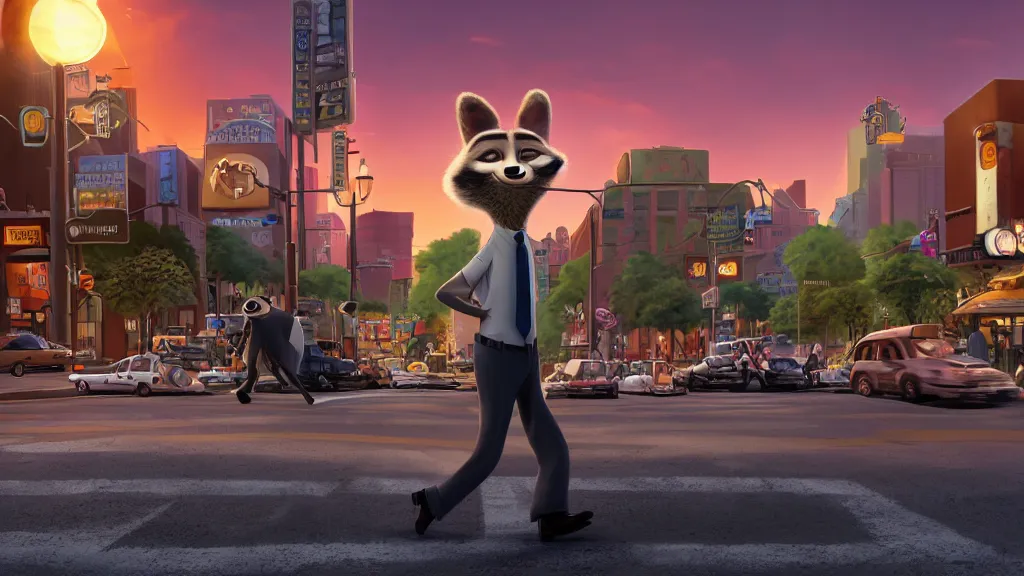 Prompt: An anthropomorphic raccoon businessman is walking down a busy crosswalk at sunset, warm lighting with an orange glow blanketing the cityscape, zootopia, other anthropomorphic characters are walking by him, extremely detailed, HDR, sideview, dramatic