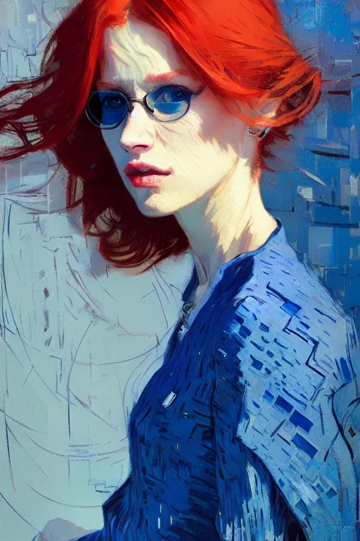 Image similar to portrait of a beautiful girl, redhead, shades of blue, beautiful face, rule of thirds, intricate outfit, spotlight, by greg rutkowski, by jeremy mann, by francoise nielly, by van gogh, digital painting