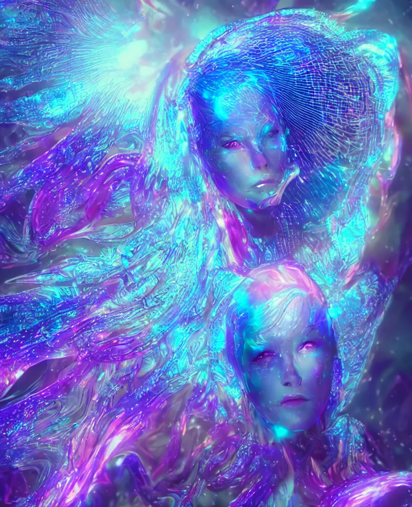 Image similar to dichroic close-up macro portrait of the face of a beautiful princess, epic angle and pose, symmetrical artwork, 3d with depth of field, blurred background, cybernetic jellyfish female face skull phoenix bird, translucent, nautilus, energy flows of water and fire. a highly detailed epic cinematic concept art CG render. made in Maya, Blender and Photoshop, octane render, excellent composition, cinematic dystopian brutalist atmosphere, dynamic dramatic cinematic lighting, aesthetic, very inspirational, arthouse. y Greg Rutkowski, Ilya Kuvshinov, WLOP, Stanley Artgerm Lau, Ruan Jia and Fenghua Zhong