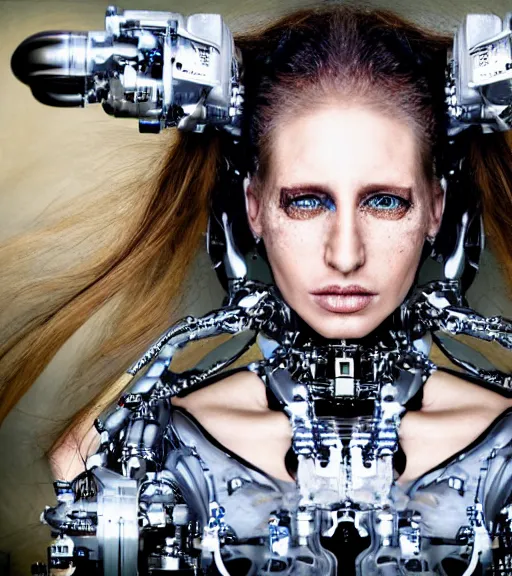 Image similar to portrait_photo_of_a_stunningly beautiful cybernetic maiden, hyper detailed by Annie Leibovitz, Steve McCurry, David Lazar, Jimmy Nelsson, professional photography