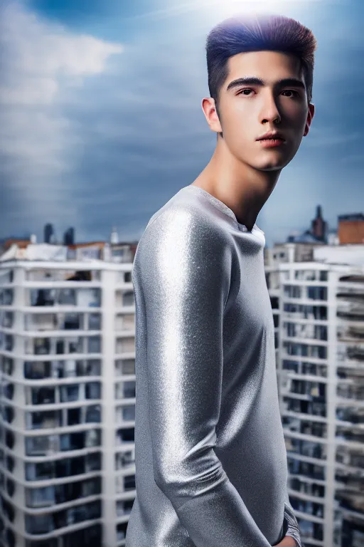 Image similar to un ultra high definition studio quality photographic art portrait of a young man standing on the rooftop of a british apartment building wearing soft padded silver pearlescent clothing. three point light. extremely detailed. golden ratio, ray tracing, volumetric light, shallow depth of field. set dressed.