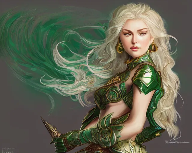 Image similar to A blonde emerald warrior, HD, illustration, epic, fantasy, intricate, elegant, amazing detail, digital painting, artstation, concept art, smooth, sharp focus, illustration, art by Turine Tran