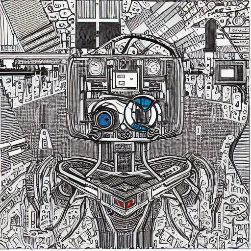 Image similar to “geometrically incomprehensible surreal order of robot factory, extremely high detail, photorealistic, intricate line drawings, dotart, album art in the style of James Jean”